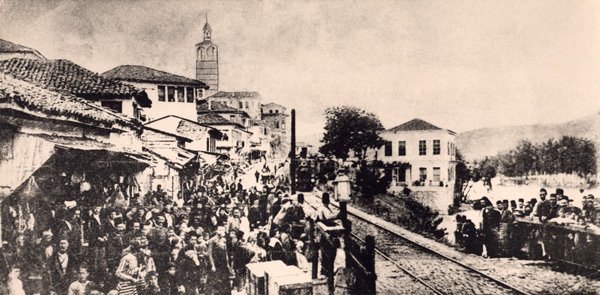 Ceremonial welcoming of the first train by the citizens of Veles in 1873.